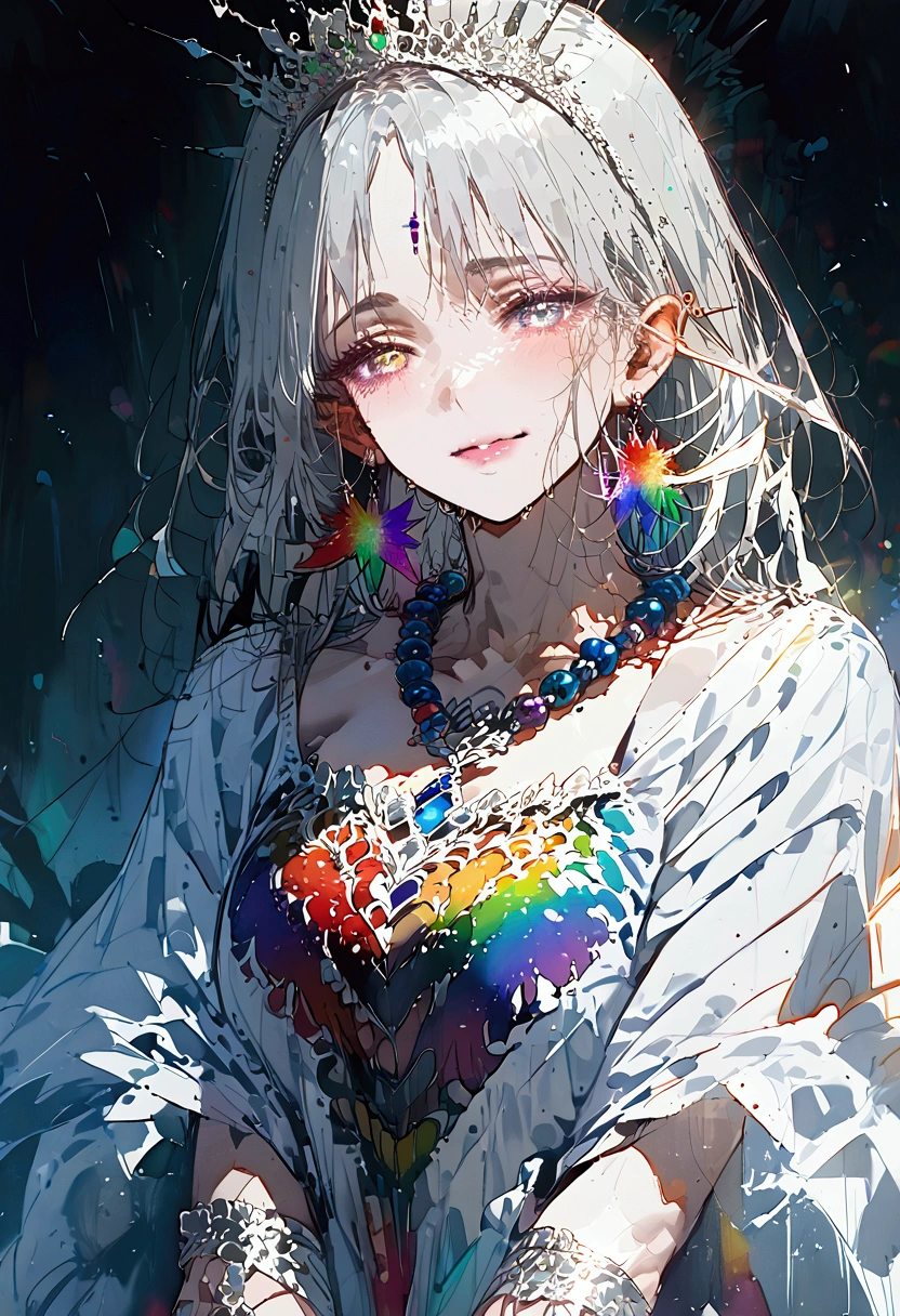 a middle-aged elf woman, grown-up, sexy, mature, queen, a rainbow dress ,rainbow eyes, silver hair, makeup, multicolored eyes, glowing eyes, happy tears, pointy ears, white Sandals, rainbow crystal earrings, light smile, rainbow crown, rainbow jewelry, bead necklace, hair beads, forehead jewel, tiara, UHD, masterpiece, accurate, anatomically correct, super detail, high details, high quality, best quality, highres