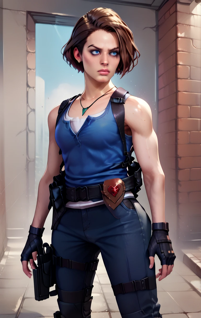 score_9, score_8_up, score_7_up, BREAK jillvalentineSDXL, 1girl, solo, short hair, chestnut hair, blue eyes, gloves, jewelry, standing, black gloves, belt, pants, fingerless gloves, necklace, black footwear,  lips, gun, tank top, realistic, holster, thigh holster, jill valentine, cowboy shot, from behind, ass,