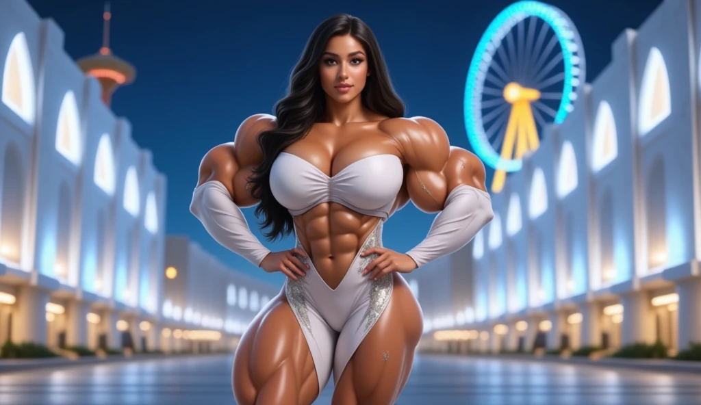 a muscular woman, beautiful detailed eyes, beautiful detailed lips, extremely detailed face, long eyelashes, tight athletic outfit, confident expression, romantic city park background, sunset lighting, cinematic composition, vibrant colors, elegant and dynamic pose, dramatic lighting, photorealistic, hyper detailed, award winning digital art