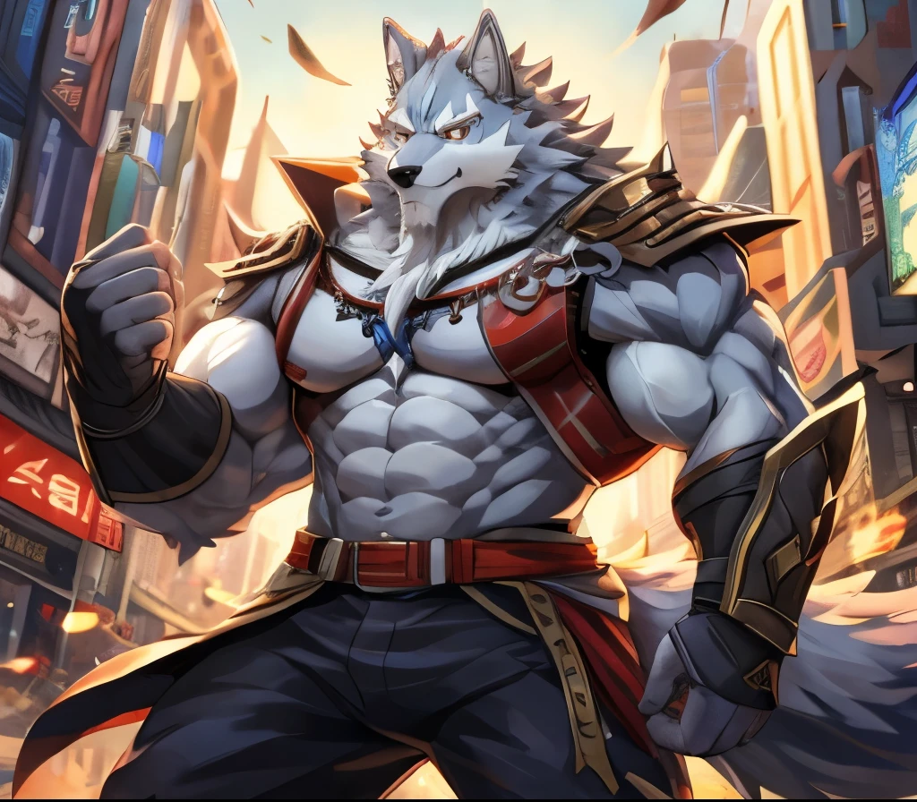 masterpiece,high quality,anime,detailed eyes,furry male Grey Wolf, Law, Great physique,strong arms manly,city