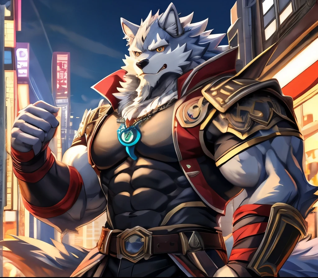 masterpiece,high quality,anime,detailed eyes,furry male Grey Wolf, Law, Great physique,strong arms manly,city