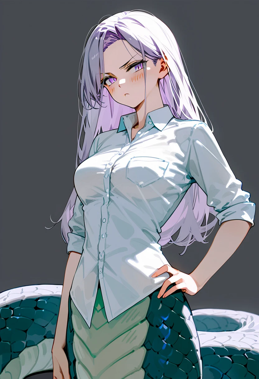 Masterpiece, best quality, zoom out, score_9, score_8_up, score_7_up, 1girl, solo, white hair, long hair, sidelocks, parted bangs, pale purple hair, wearing a shirt, collared shirt, Lamia, white scales tail, snake lower body, medium breasts, serious, blush, narrowed eyes, hand on own hip, cowboy shot, gray background, simple background