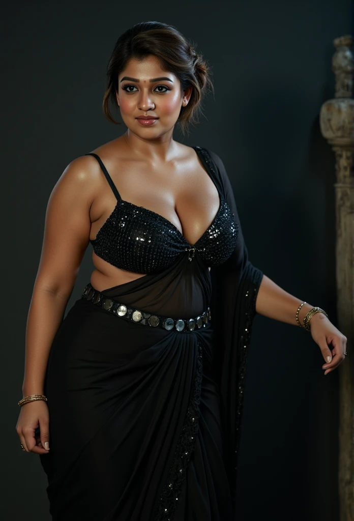 full body Closeup shot, Big chubby aunty, milf, demoness mommy, sexy sleeveless blouse, sensual demoness, mother of demons, heavy figure Indian aunty, huge figure, huge massive breast, cougar lady witch, horny Gothic milf,  70 years old gorgeous mature lady, pervert demoness, demoness of lust, curvy, black lips, horny face, extremely gorgeous, thick figure, heavy physique, voluptuous, curvy, sexy figure, Fashionable portrait of androgynous alien looking witch, glowing eyes, futuristic design, minimal details, givenchy, photoreal, 200mm, hd, f/ 2.0, highly detailed, surreal, sexy beautiful evil woman, sexy bold sequin Saree with strapless Bra, chudail, Pishachini, horror genre, blood-thirsty enchantress, powerful female spirit, eerie, drop dead, in the style of red and blue, (intricate details, hyperdetailed:1.15) (skin texture:1.2), dark Moody tone, cinematic lighting, haunted place in background, 