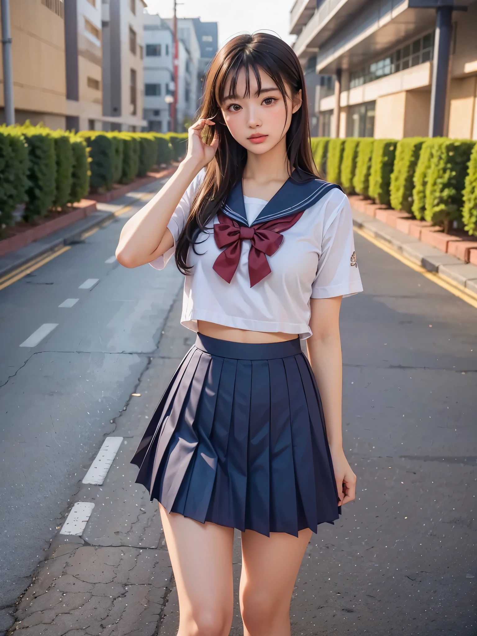  High Definition CG Unity 8k Wallpaper , top quality,  super detailed , masterpiece,  realistic , photo  realistic ,  very detailed pretty girl, 20 years old, ( skirt flip ),  skirt flip  by yourself, ( school uniform, sailor fuku,  will be Fuku,  sailor suit ,  dark blue pleated skirt : 1.27),  white panties, Pay attention to the panties, Round Breasts, , Open lips,  Viewers Watching , Half Body Shot, crowd, crowded city,