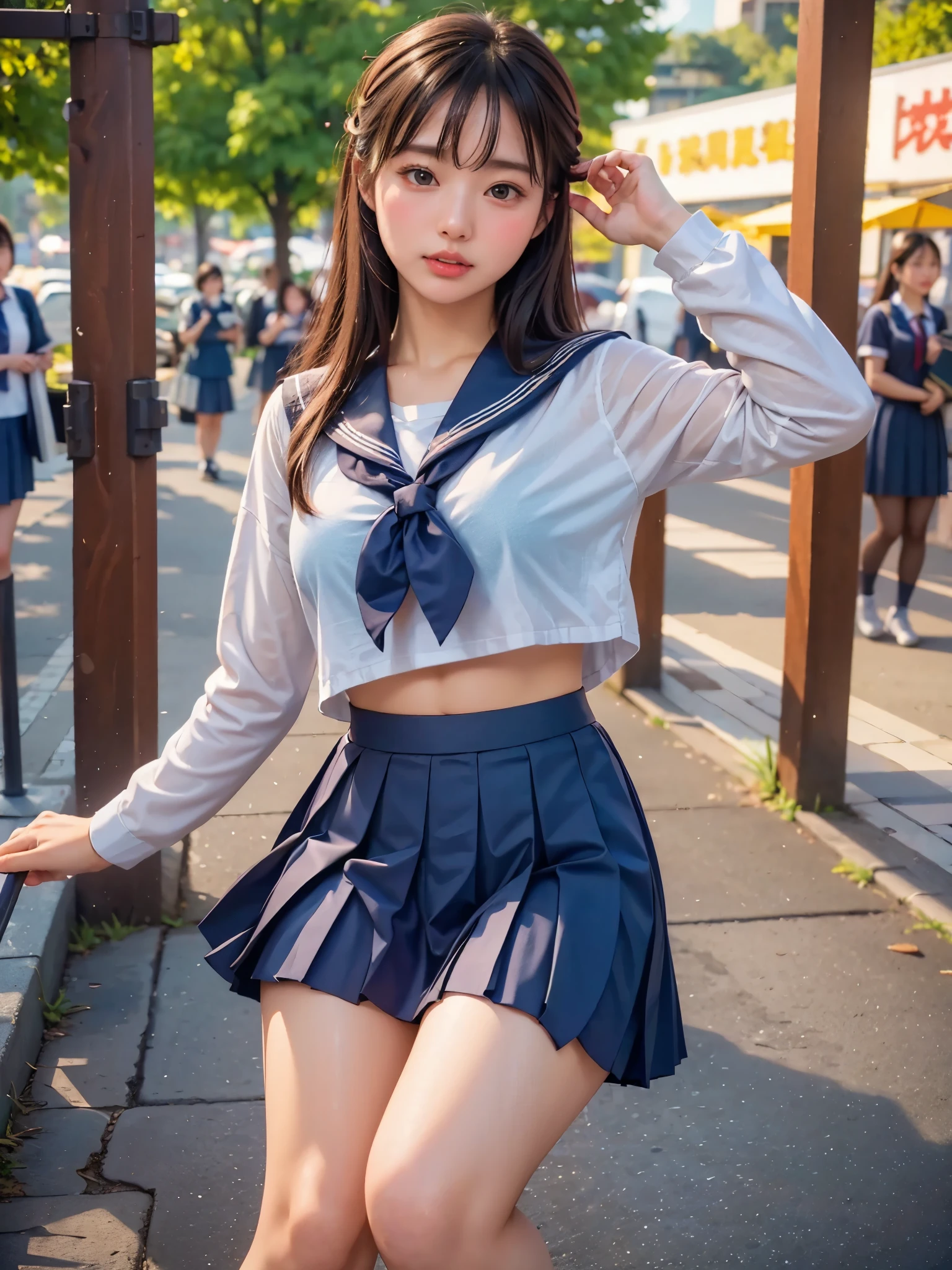  High Definition CG Unity 8k Wallpaper , top quality,  super detailed , masterpiece,  realistic , photo  realistic ,  very detailed pretty girl, 20 years old, ( skirt flip ),  skirt flip  by yourself, ( school uniform, sailor fuku,  will be Fuku,  sailor suit ,  dark blue pleated skirt : 1.27),  white panties, Pay attention to the panties, Round Breasts, , Open lips,  Viewers Watching , Half Body Shot, crowd, crowded city,