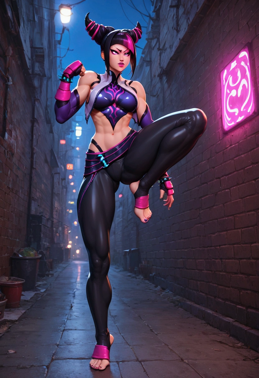 (masterpiece, best quality) (highly detailed wallpaper),

Juri Han, solo, perfect body, black hair, multicolored hair,streaked hair, makeup, lipstick, anatomically correct,

Fighting stance, standing on one leg, intense, action poses, dynamic angles, street alley, spectacular night sky background,