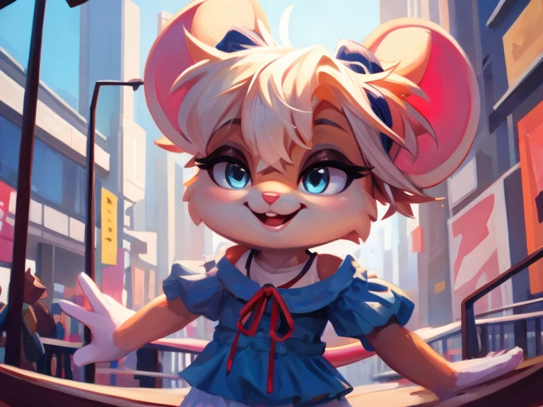 Cute mouse girl, messy hairstyle, detailed body, clothes, blue eyes, wide smile, modern art, best quality, high taste 