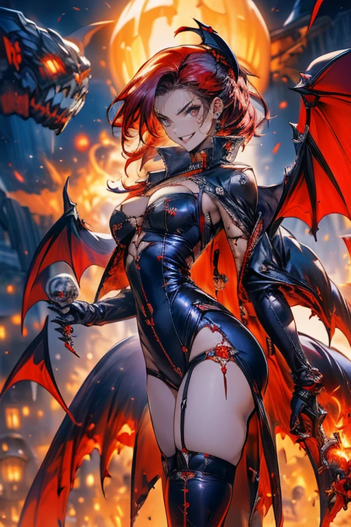 Sexy vampire woman, ((from below )),throw ({ Countertop angle) Vampire fangs ,  red latex jumpsuit dress , black latex cape , Slim body, Red hair largo con trenza ( Red hair), (blows), (  purple eyes), bones and skulls . calaveras, Dark atmosphere, Gothic, Intriguing.  skull background  , fog, blood, ruin