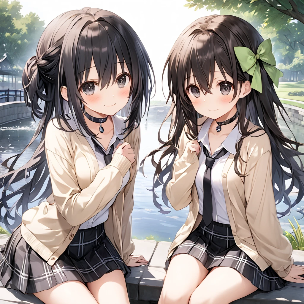 ( 2 girls),Park Walkway、In front of the pond:1.5、front、 Cowboy Shot 、break,IF \(Neptunia )\, black hair, long hair, black eyes, green bow, ribbon, one side up,choker,smile、blush, (long sidelocks:1.5), ( small tits:1.5),(closed beige cardigan:1.5)、(Regular black tie :1.5)、( black plaid mini skirt:1.5),(Thighs:1.5),break,IF \(Neptunia )\, black hair, black eyes, embarrassed face、blush、short hair, (long sidelocks:1.5), ( small tits:1.5),(closed beige cardigan:1.5)、(Regular black tie :1.5)、( black plaid mini skirt:1.5),(Thighs:1.5),( perfect anatomy ),( best quality), ( ultra hi-res), (超 high definition ), ( Highly Detailed CG), (32K), (masterpiece)、eyesHD