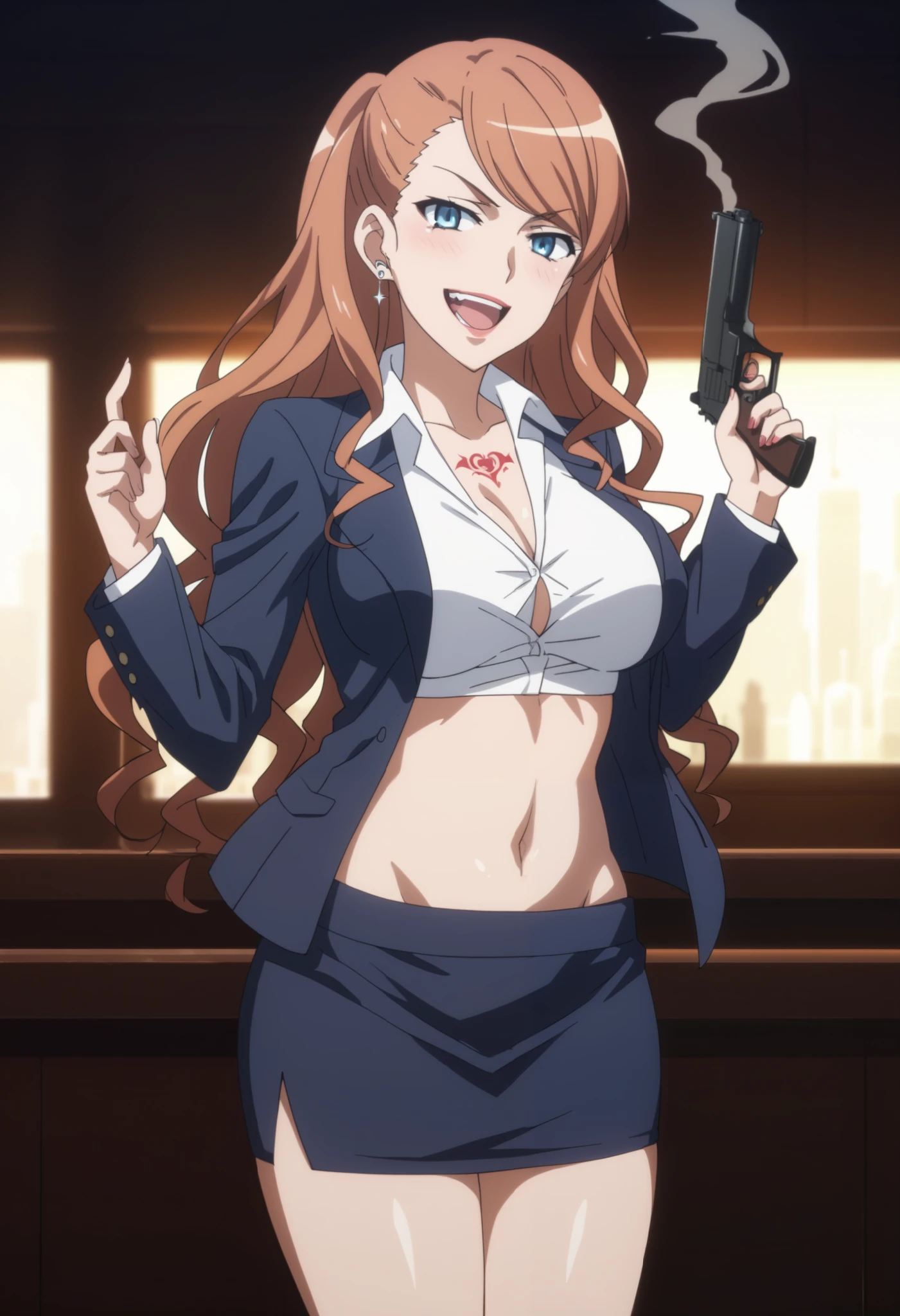 therestina kihara lifeline, brown hair, long hair, wavy hair, blue hair,  white shirt, collared shirt, black jacket, source_anime,  medium breasts, ear piercing, long hair, blush, lipstick,Hot girl, baddie, crazy, smoking, sensual, attractive, large breasts,  , cityscape, , nightclub, , city lights,,bar background, inside bar,indoors,masterpiece, best quality, highly detailed, a girls with a gun, open mouth, blazer, sexy gaze, (nsfw) not
safe for work, badass pose , evil smile, smile, black bra, anime girl with long hair, long haired girl,
navel, evil expression, exposed belly, exposed navel, exposed midriff, exposed lower belly, micro
miniskirt, micro pencil skirt, pencil skirt ,holding a gun, holding pistol,,dragon tattoo, tattoo on body, tattoo midriff, rose tattoo, shiny skin, open arms sideway, arms T-pose, smirk, standing, anime girl T posing, dual wielding