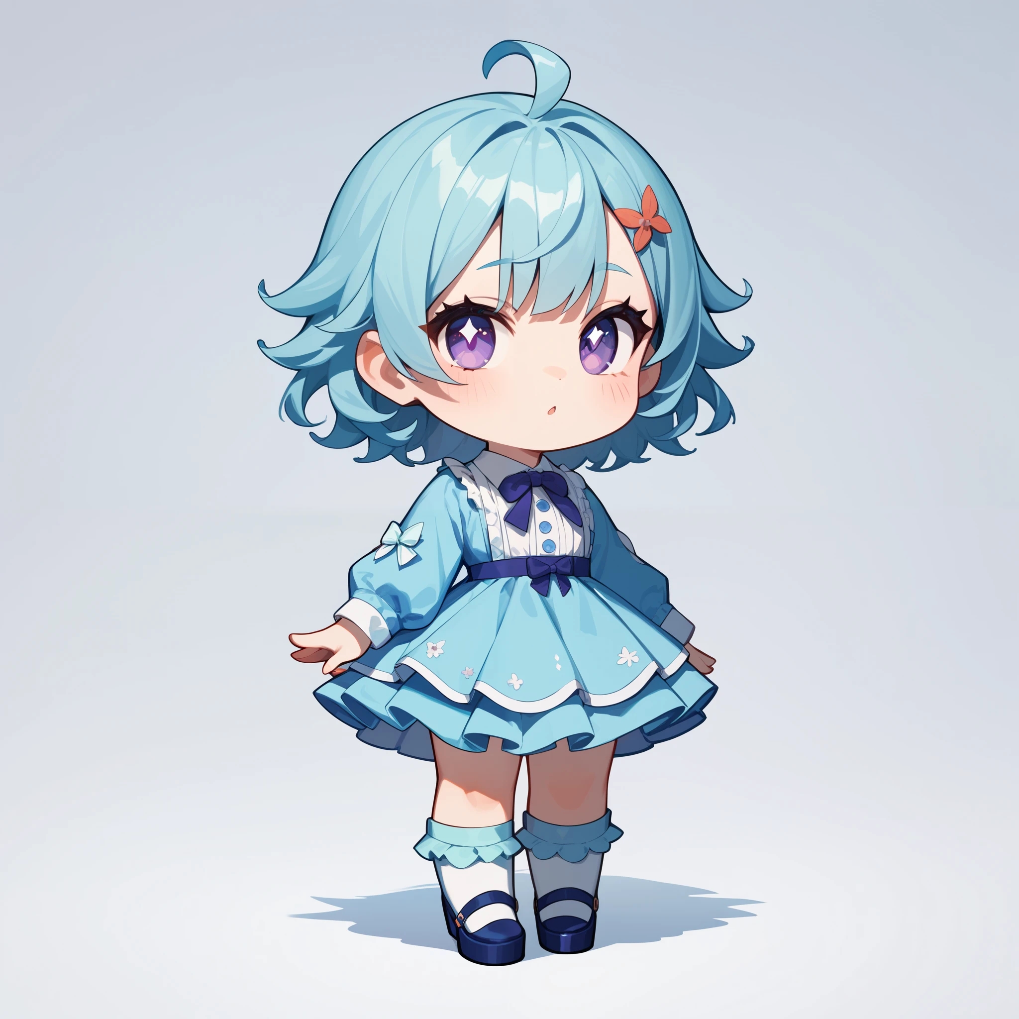 ray tracing, masterpiece, best quality, 1girl, chibi, light blue hair, simple background, white background, white school uniform, full body,