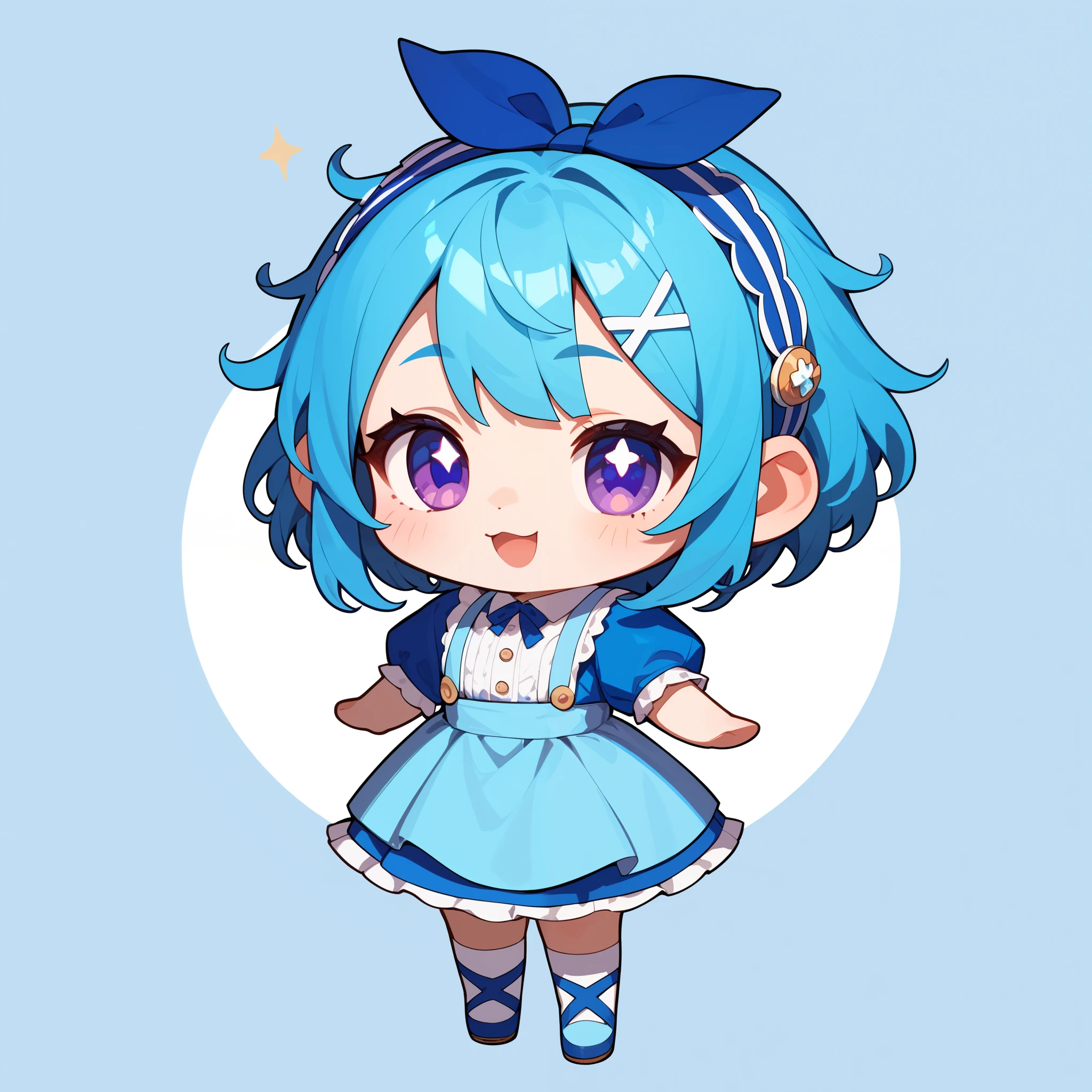  avatar of a chibi girl , Ash hair ,  purple eyes,  light blue dress with ruffles,  Masterpiece, high quality, kind eyes ,  looking at the spectator ,  full body, 