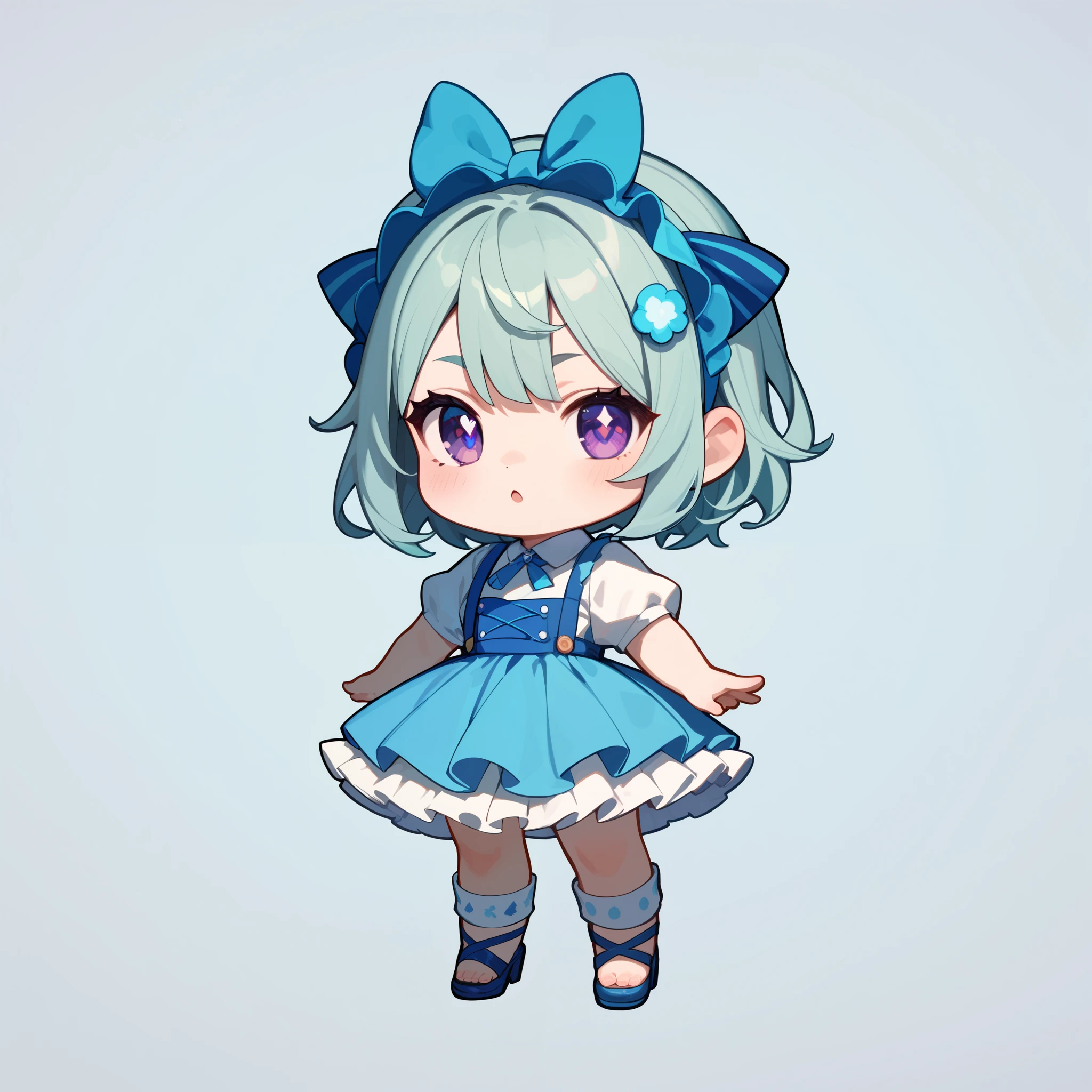  avatar of a chibi girl , Ash hair ,  purple eyes,  light blue dress with ruffles,  Masterpiece, high quality, kind eyes ,  looking at the spectator ,  full body, 