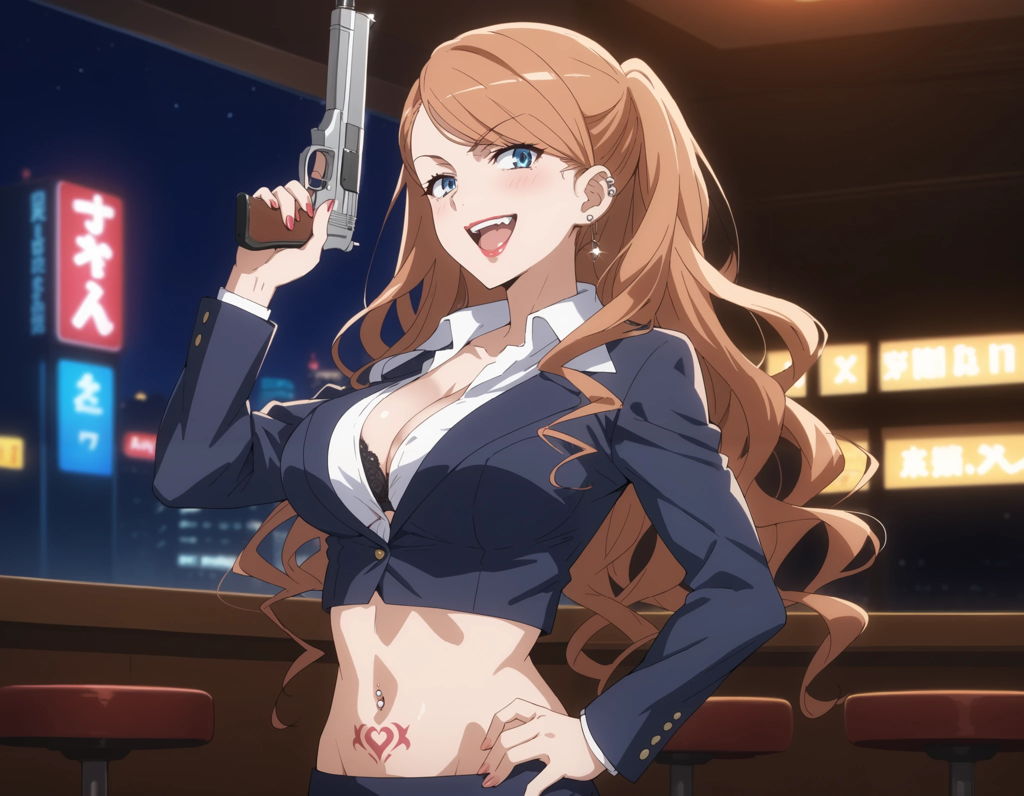 therestina kihara lifeline, brown hair, long hair, wavy hair, blue hair, white shirt, collared shirt, black jacket, source_anime, medium breasts, ear piercing, long hair, blush, lipstick,Hot girl, baddie, crazy, smoking, sensual, attractive, large breasts, , cityscape, , nightclub, , city lights,,bar background, inside bar,indoors,masterpiece, best quality, highly detailed, a girls with a gun, open mouth, blazer, sexy gaze, (nsfw) not
safe for work, badass pose , evil smile, smile, black bra, anime girl with long hair, long haired girl,
navel, evil expression, exposed belly, exposed navel, exposed midriff, exposed lower belly, micro
miniskirt, micro pencil skirt, pencil skirt ,holding a gun, holding pistol, navel piercing ,dragon tattoo, tattoo on body, tattoo midriff, rose tattoo, shiny skin, open arms sideway, arms T-pose, smirk, standing, anime girl T posing, dual wielding