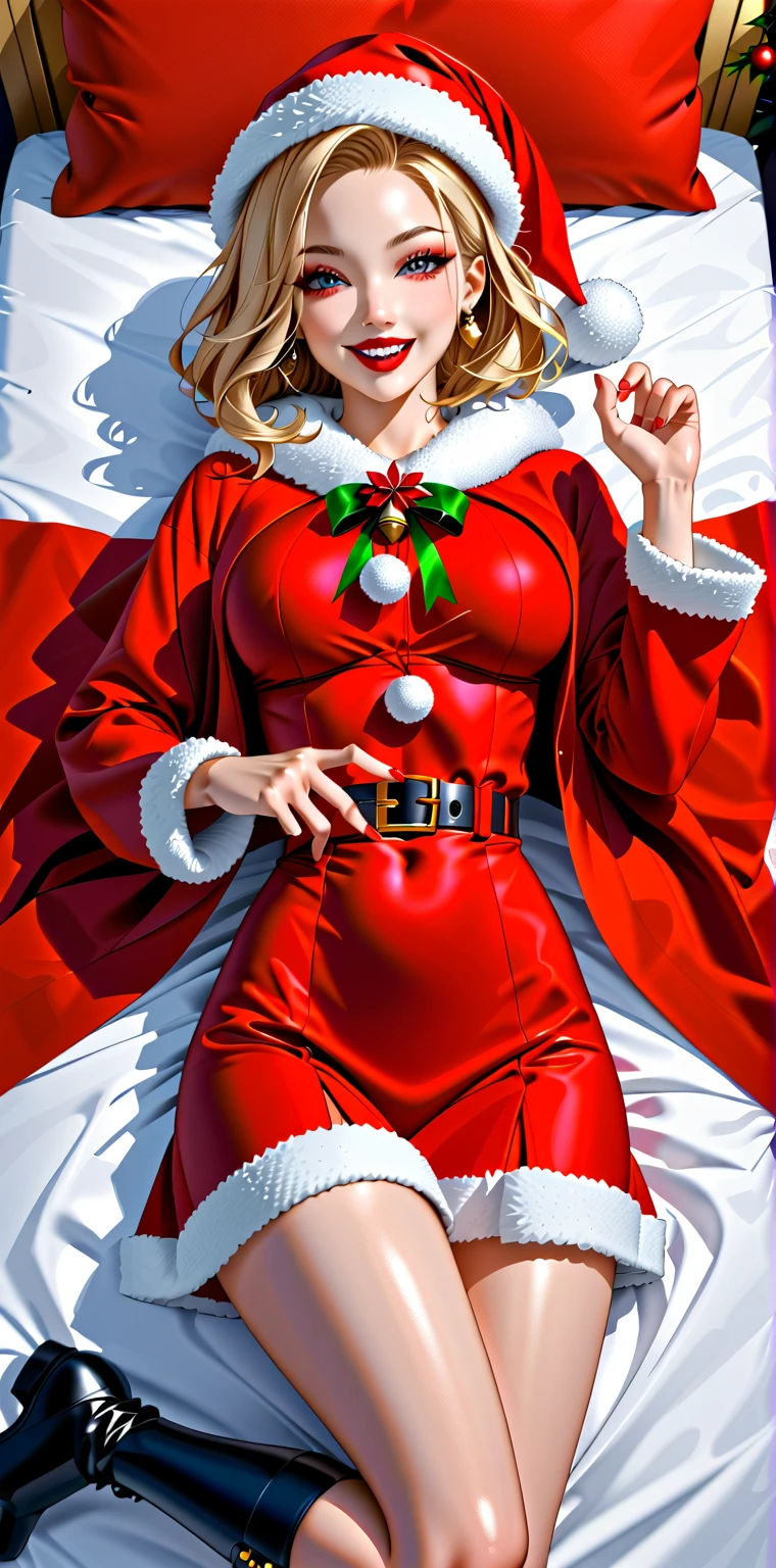 ((Masterpiece, top quality, high resolution, highly detailed CG unified 8K wallpaper)), (huge stunning goddess shot, very hot and sexy, jaw-dropping beauty, perfect proportions, beautiful body, slim body beauty:1.3), (dynamic pose, dynamic composition), Christmas, Santa Claus, woman in Santa Claus costume, lying in bed and staring at viewer, red coat and skirt with white fur trim, long sleeves, thick black belt, gold buckle, black leather boots, Santa Claus hat, smiling shyly, (beautiful hands, correct fingers, 4 fingers, 1 thumb),