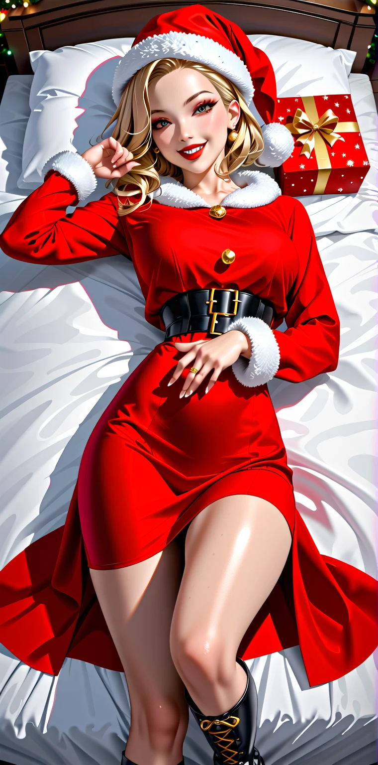 ((Masterpiece, top quality, high resolution, highly detailed CG unified 8K wallpaper)), (huge stunning goddess shot, very hot and sexy, jaw-dropping beauty, perfect proportions, beautiful body, slim body beauty:1.3), (dynamic pose, dynamic composition), Christmas, Santa Claus, woman in Santa Claus costume, lying in bed and staring at viewer, red coat and skirt with white fur trim, long sleeves, thick black belt, gold buckle, black leather boots, Santa Claus hat, smiling shyly, (beautiful hands, correct fingers, 4 fingers, 1 thumb),