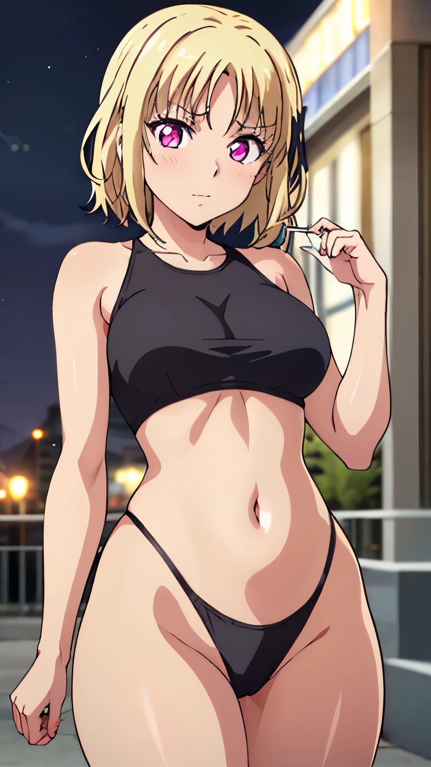 ((highleg panties, navel, thighs, city, night)), 
pink eyes, blonde hair, bangs, short hair,hair ribbon, 
1 girl, 20 yeras old, young female, solo, beautiful legs, beautiful body, beautiful nose, beautiful character design, perfect eyes, perfect face, expressive eyes, perfect balance, (short:1.3), (medium breasts:1.3), 
looking at viewer, (Focus on her face),closed mouth, (innocent_big_eyes:1.0), (Light_Smile:0.3),
official art, extremely detailed CG unity 8k wallpaper, perfect lighting, colorful, Bright_Front_face_Lighting, white skin,
(masterpiece:1.0),(best_quality:1.0), ultra high res,4K,ultra-detailed, photography, 8K, HDR, highres, (absurdres:1.2), Kodak portra 400, film grain, blurry background, (bokeh:1.2), lens flare, (vibrant_color:1.2), professional photograph,
(Beautiful, medium_breasts:1.2), (beautiful_face:1.2),(narrow_waist), (cowboy shot:1.3)