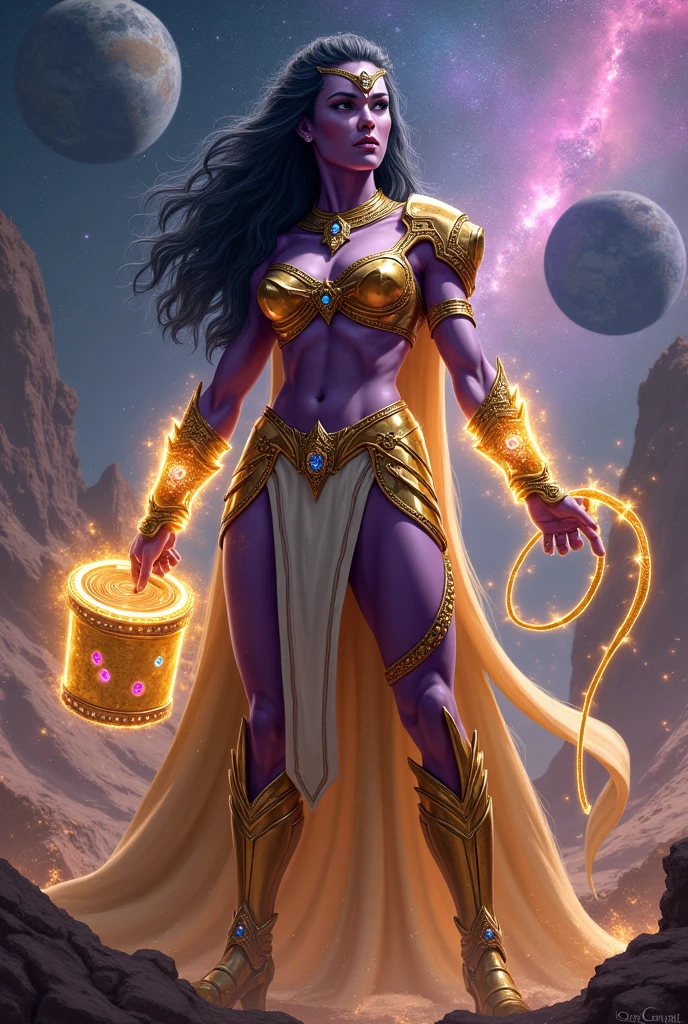 (best quality:1.3), (4K quality),masterpiece, best quality, high res, detailed, (Detailed face:1.2), (Detailed eyes:1.2), (Perfect figure:1.2), Fantasy style, Fantasy environment, solo, 1girl, BREAK 25 year old woman, sorceress, (Dark skin:1.5), purple hair, wavy hair, long hair, purple eyes, mascaras purple eyeshadow, smile, purple lipstick, covered in tattoos, medium breasts, waist, slender legs, attractive body, slim figure, perfect shape, (Wearing: golden headpiece, golden bracer, golden necklace, purple strapless top, purple loincloth, pelvic curtain, golden armbands, golden knee-high boots:1.3), BREAK highly detailed costume with intricate designs, looking at viewer, she's looking at the camera with an thrilled and confident smile, both hands glowing bright purple, purple magic, bright purple sparks in both hands, expressive expression, dark and mysterious aura, complex eye makeup, mystical energy radiating from her hands, electric purple orbs swirling around her, beautifully contoured face, fierce and confident posture, dark and dramatic lighting, vivid colors, intense purple and magenta color palette, individual spheres spinning at different speeds, translucent orbs emitting purple sparks, tracing of rays throughout the scene, illuminating the woman's silhouette with a mesmerizing glow, breathtaking visual effects, captivating and enchanting portrait, impressive level of detail in the woman's eyes and expression, attention to every intricate detail, BREAK (Night time, outdoors, stone temple, stone structures in the surroundings, dark clouds in the sky, purple lighting, gorgeous view of the mountainous valley)
