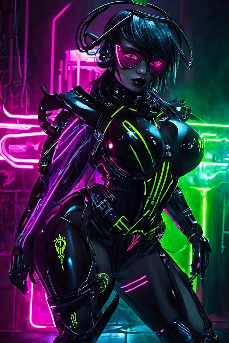 Create a sexy toxic sensual woman dressed in sexy futuristic black, neon 