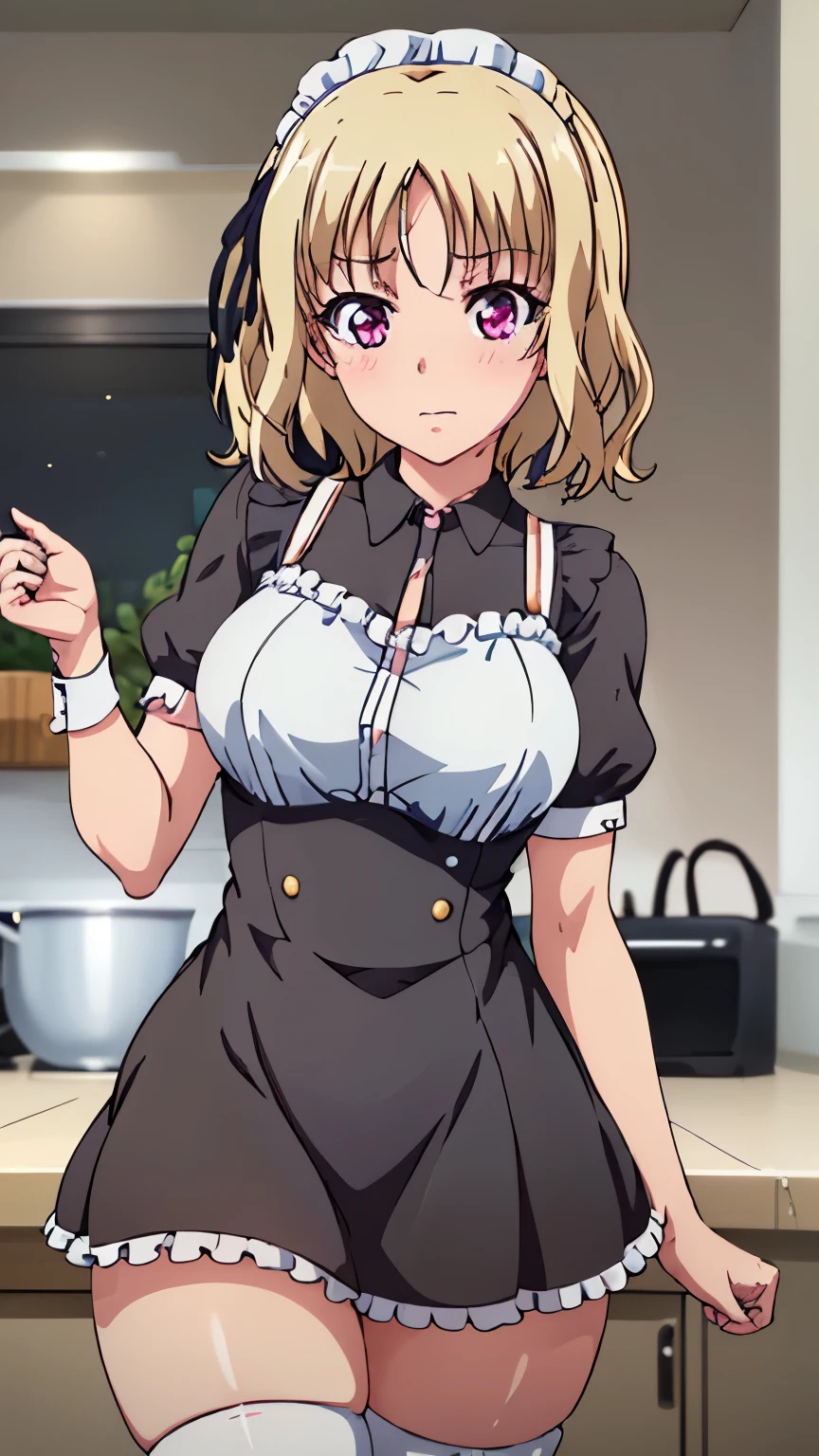 ((maid outfit, blush, thighs, kitchen)), 
pink eyes, blonde hair, bangs, short hair,hair ribbon, 
1 girl, 20 yeras old, young female, solo, beautiful legs, beautiful body, beautiful nose, beautiful character design, perfect eyes, perfect face, expressive eyes, perfect balance, (short:1.3), (medium breasts:1.3), 
looking at viewer, (Focus on her face),closed mouth, (innocent_big_eyes:1.0), (Light_Smile:0.3),
official art, extremely detailed CG unity 8k wallpaper, perfect lighting, colorful, Bright_Front_face_Lighting, white skin,
(masterpiece:1.0),(best_quality:1.0), ultra high res,4K,ultra-detailed, photography, 8K, HDR, highres, (absurdres:1.2), Kodak portra 400, film grain, blurry background, (bokeh:1.2), lens flare, (vibrant_color:1.2), professional photograph,
(Beautiful, medium_breasts:1.2), (beautiful_face:1.2),(narrow_waist), (cowboy shot:1.3)