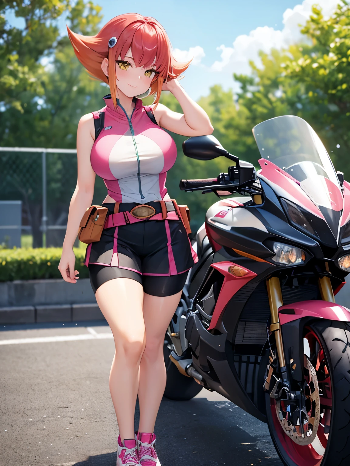 1 Female,High definition,high resolution,Ultra-realistic,8K, Annadef, 1girl, solo, multicolored hair, two-tone hair, hair ornament, yellow eyes, short hair, pink hair, red hair, orange hair, large breasts, breasts, 
smile, shorts, sleeveless, belt, black shorts, bike shorts,pink skirt, large breasts,European,sexy,Upper body close-up,Photographed from the front,Dynamic Angles,(blush), (medium tits) ,(standing),(full body)