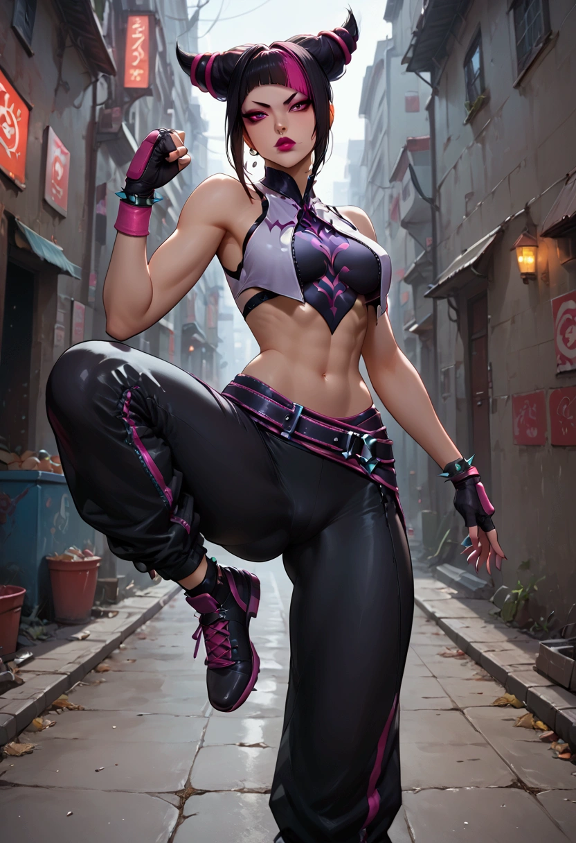 (masterpiece, best quality) (highly detailed wallpaper),

Juri Han, solo, perfect body, black hair, multicolored hair,streaked hair, makeup, lipstick, anatomically correct,

Fighting stance, standing on one leg, intense, action poses, dynamic angles, street alley, spectacular night sky background,