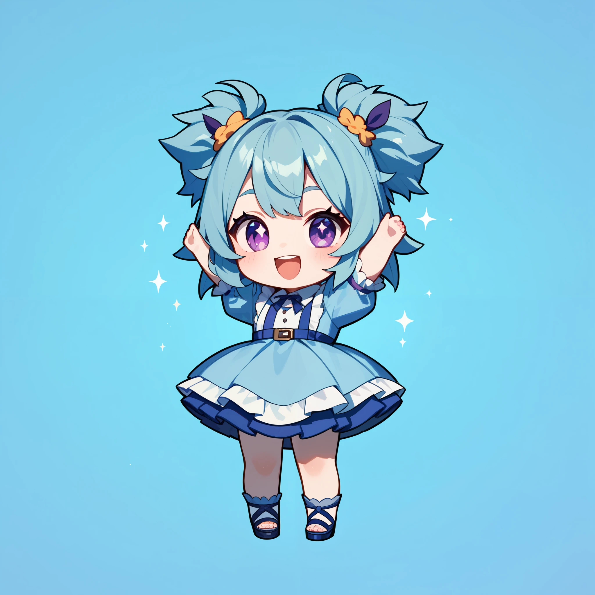  avatar of a chibi girl , Ash hair ,  purple eyes,  light blue dress with ruffles,  Masterpiece, high quality, kind eyes ,  looking at the spectator ,  full body, Arms up very happy