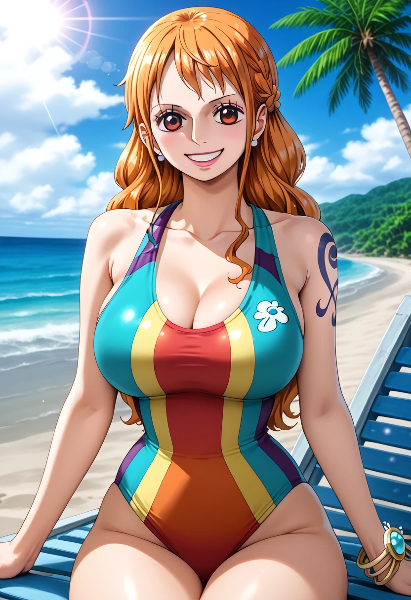  ( top quality, 4K, 8k,  high definition , masterpiece:1.2),  super detailed , ( realistic , photo realistic , photo- realistic :1.37) , Official Art , drawn in anime style , Nami in One Piece,Beautiful pale orange hair,Chignon, braids , Dominant Smile ,Left shoulder tattoo, Big Breasts ,(rainbow-colored swimsuit nsfw :1.5),((Exposing your belly)),( enjoy a vacation by drinking tropical juice at sea),Sit on a beach chair ,(Beautiful Rainbow), palm trees, beautiful sandy beaches,アートスタイルはCharmingなアニメスタイルに似ている.  rendering. For enhanced visual effect, Add HDR, 超 high definition ,  Studio Lighting , Fine painting,  sharp concentration , 物理ベース rendering,  detailed description ,  Professional ,  bright color, ボケはなく安定拡散 Professional ンプトを、Please enter as is, Generate realistic anime style for Nami in One Piece ,((( top quality))), (( super detailed )),((masterpiece:1.5)),  detailed pictures, ( top quality: 1.4), ( One Girl ) , beautiful skin, Charming, 超 high definition ,  high image quality, (Sexually excited:1.5), cinematic lighting:1.2, Sunshine Spot:1.3,Perfect means, perfect limb,Perfect means