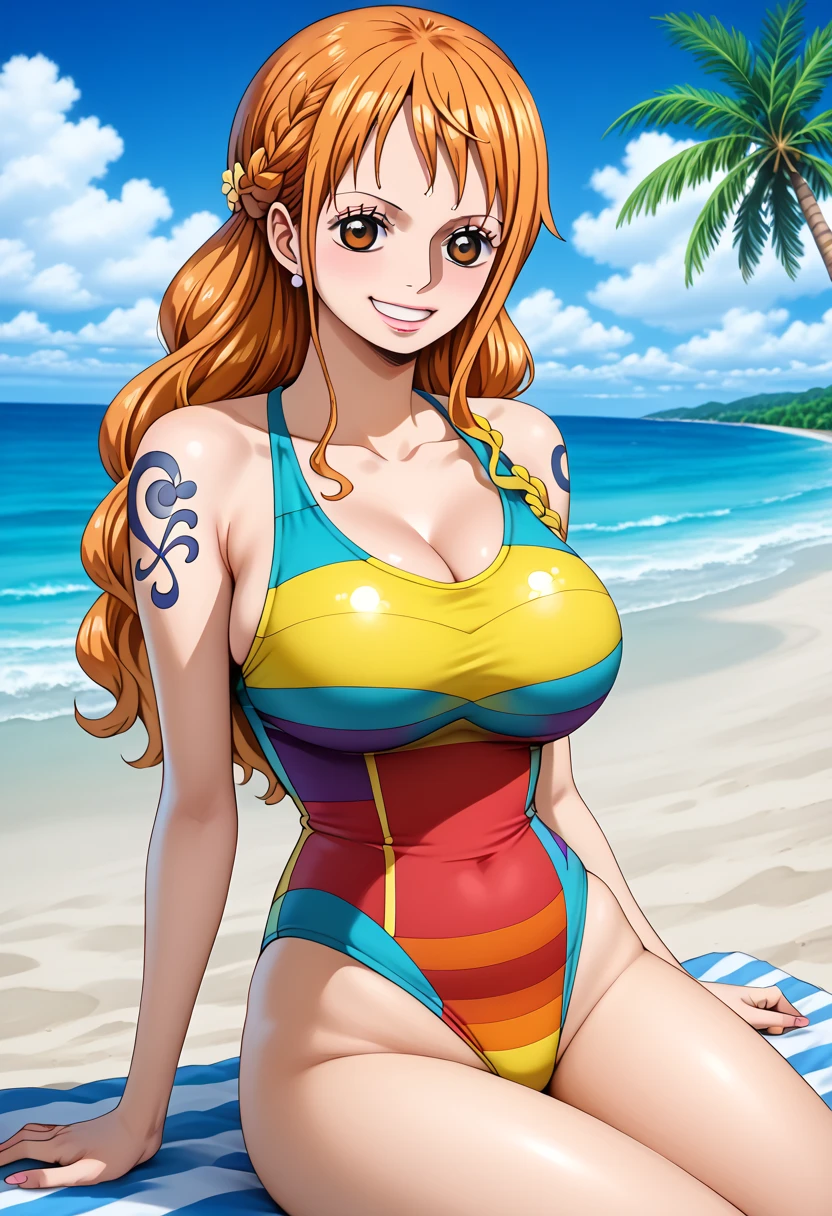  ( top quality, 4K, 8k,  high definition , masterpiece:1.2),  super detailed , ( realistic , photo realistic , photo- realistic :1.37) , Official Art , drawn in anime style , Nami in One Piece,Beautiful pale orange hair,Chignon, braids , Dominant Smile ,Left shoulder tattoo, Big Breasts ,(rainbow-colored swimsuit nsfw :1.5),((Exposing your belly)),( enjoy a vacation by drinking tropical juice at sea),Sit on a beach chair ,(Beautiful Rainbow), palm trees, beautiful sandy beaches,アートスタイルはCharmingなアニメスタイルに似ている.  rendering. For enhanced visual effect, Add HDR, 超 high definition ,  Studio Lighting , Fine painting,  sharp concentration , 物理ベース rendering,  detailed description ,  Professional ,  bright color, ボケはなく安定拡散 Professional ンプトを、Please enter as is, Generate realistic anime style for Nami in One Piece ,((( top quality))), (( super detailed )),((masterpiece:1.5)),  detailed pictures, ( top quality: 1.4), ( One Girl ) , beautiful skin, Charming, 超 high definition ,  high image quality, (Sexually excited:1.5), cinematic lighting:1.2, Sunshine Spot:1.3,Perfect means, perfect limb,Perfect means