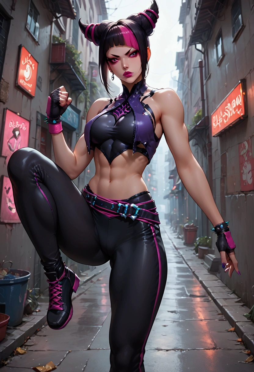 (masterpiece, best quality) (highly detailed wallpaper),

Juri Han, solo, perfect body, black hair, multicolored hair,streaked hair, makeup, lipstick, anatomically correct,

Fighting stance, standing on one leg, intense, action poses, dynamic angles, street alley, spectacular night sky background,