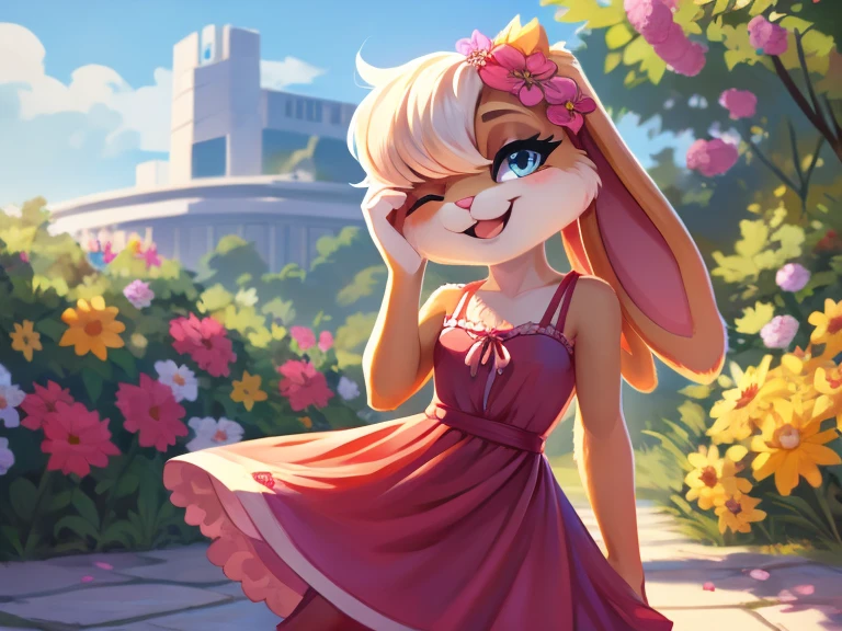 Furry girl, cute rabbit, hair covering the eyes, detailed body, clothes, dress, flower, hair, blue eyes, wide smile, modern art, best quality, high taste 