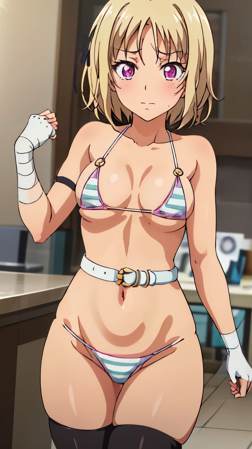 ((micro bikini, o-ring top, blue belt, fingerless gloves, arm bandages, asymmetrical legwear, single thighhigh, vertical striped thighhighs, thigh strap, blush)), 
pink eyes, blonde hair, bangs, short hair,hair ribbon, 
1 girl, 20 yeras old, young female, solo, beautiful legs, beautiful body, beautiful nose, beautiful character design, perfect eyes, perfect face, expressive eyes, perfect balance, (short:1.3), (medium breasts:1.3), 
looking at viewer, (Focus on her face),closed mouth, (innocent_big_eyes:1.0), (Light_Smile:0.3),
official art, extremely detailed CG unity 8k wallpaper, perfect lighting, colorful, Bright_Front_face_Lighting, white skin,
(masterpiece:1.0),(best_quality:1.0), ultra high res,4K,ultra-detailed, photography, 8K, HDR, highres, (absurdres:1.2), Kodak portra 400, film grain, blurry background, (bokeh:1.2), lens flare, (vibrant_color:1.2), professional photograph,
(Beautiful, medium_breasts:1.2), (beautiful_face:1.2),(narrow_waist), (cowboy shot:1.3)