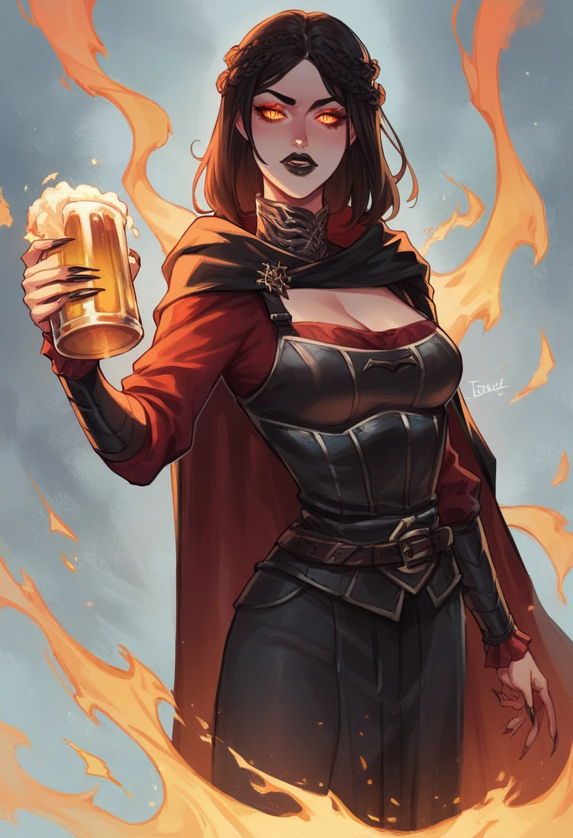 score_9, score_8_up, score_7_up, a woman holds a beer in her hand, a satisfied face, Sirana, red eyes, slit-like pupils, orange eyes, yellow eyes, luminous pupils, burning eyes, braid in the form of a crown, neckline, sharp nails, black lips, cape,