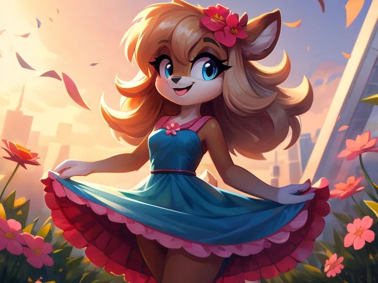 Furry girl, deer, cute, thick hair, detailed body, clothes, dress, flower, hair, blue eyes, wide smile, modern art, best quality, high elegance 