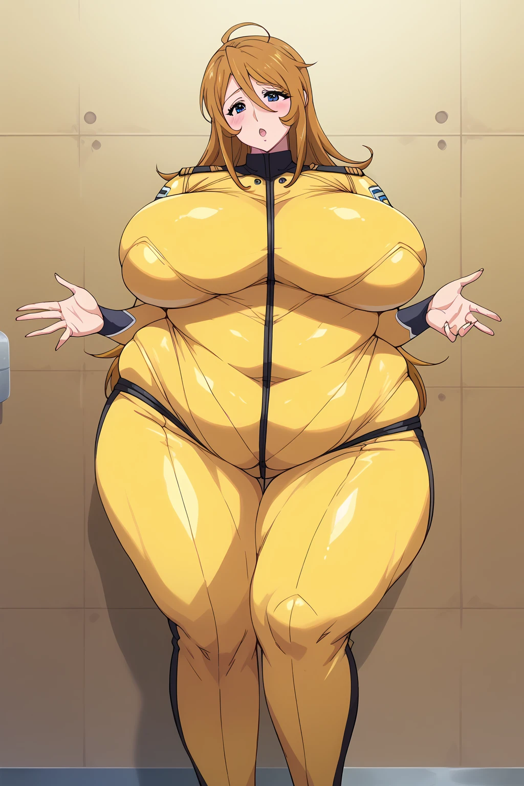 Yuki Mori,yuki mori,  yellow bodysuit、 score_9,  score_8_up、 score_7_up、 score_6_up、 score_5_up、 score_4_up、 Masterpiece、 top quality,wen/anime anime screencap,  one woman、Alone、 personal 、Super huge breasts, ((( super huge clevis, Super huge, Super huge boob))), Curvy、  chubby 、Mature Woman, obese body type,blush、Shy woman、 king bang 