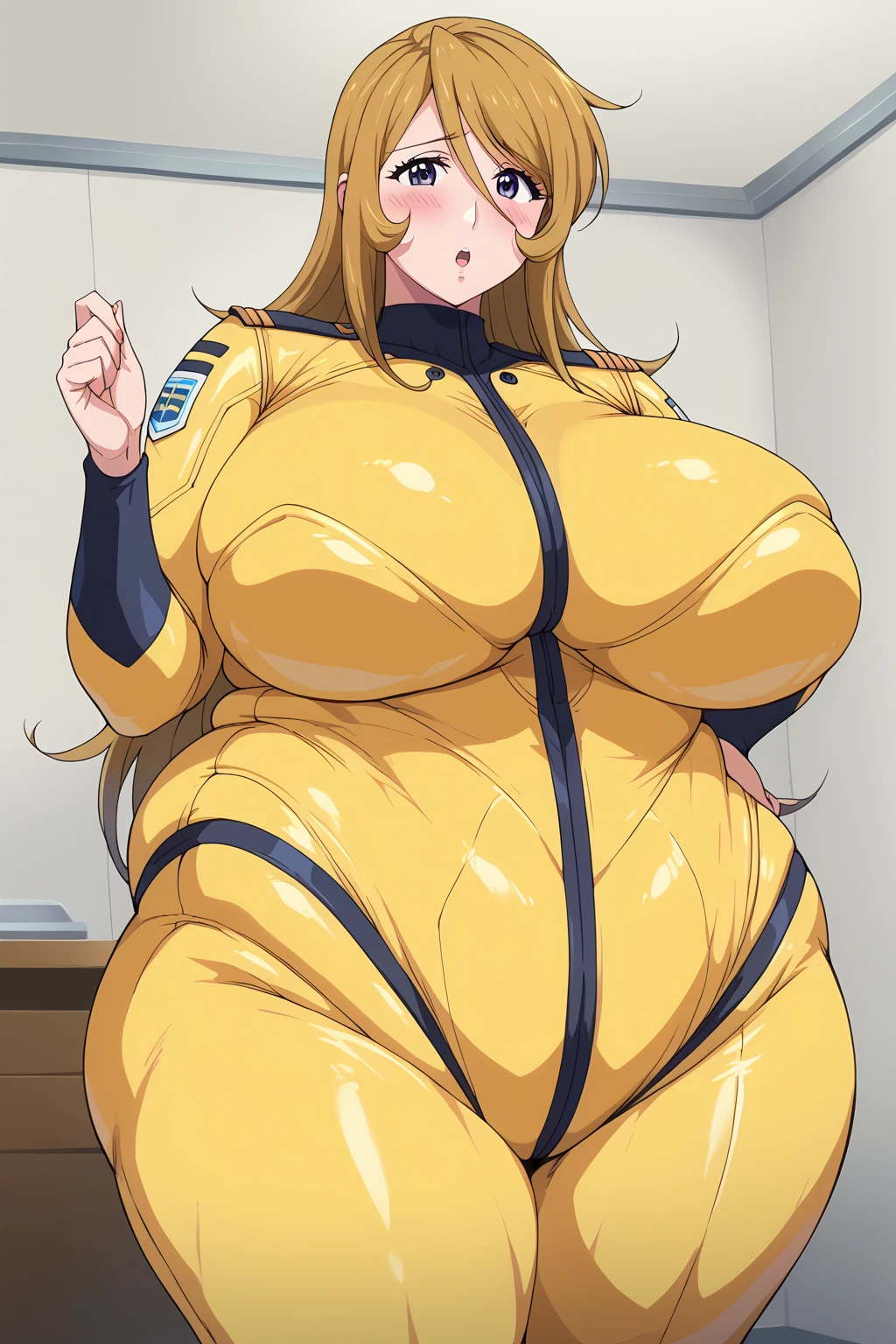 Yuki Mori,yuki mori,  yellow bodysuit、 score_9,  score_8_up、 score_7_up、 score_6_up、 score_5_up、 score_4_up、 Masterpiece、 top quality,wen/anime anime screencap,  one woman、Alone、 personal 、Super huge breasts, ((( super huge clevis, Super huge, Super huge boob))), Curvy、  chubby 、Mature Woman, obese body type,blush、Shy woman、 king bang 