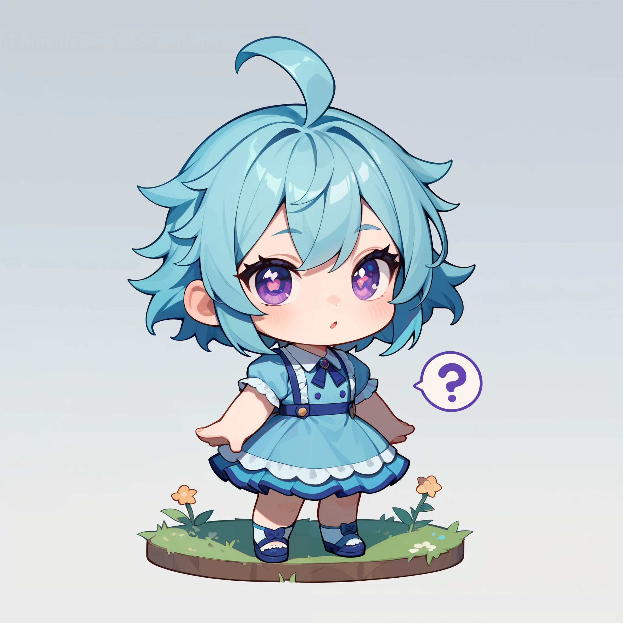 avatar of a chibi girl , Ash hair , purple eyes, light blue dress with ruffles, Masterpiece, high quality, kind eyes , looking at the spectator , full body, with a question mark wondering
