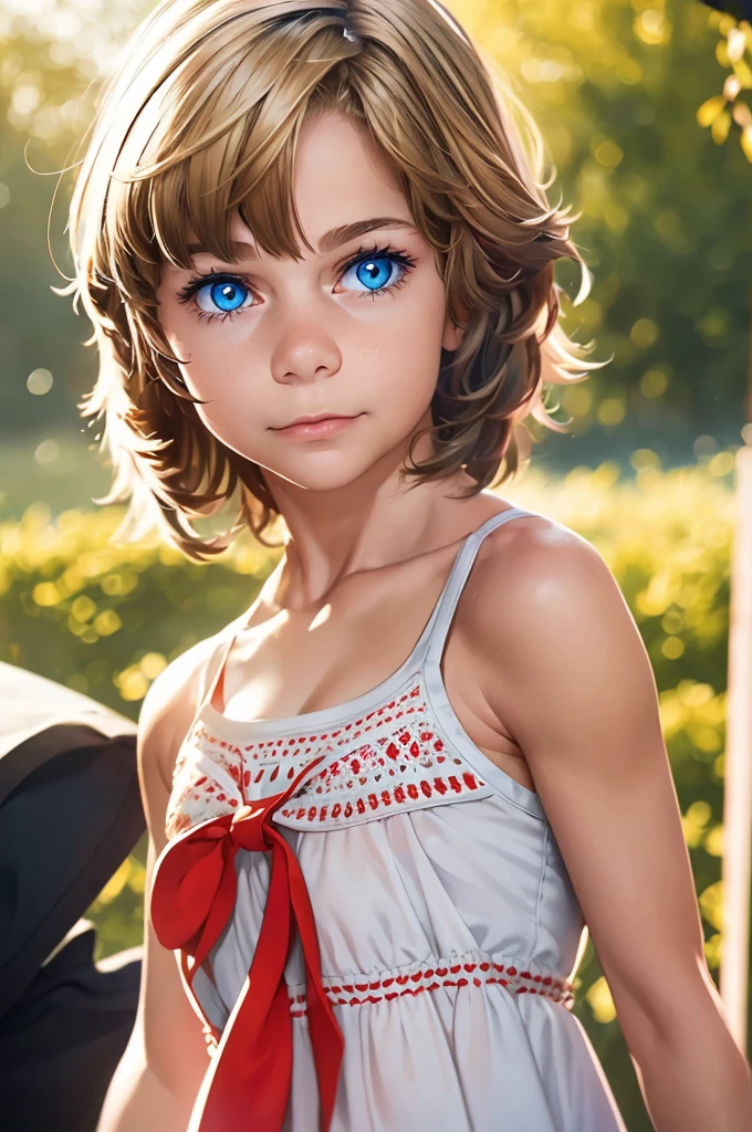 1female，*** 5，bit girl，Small ，solo, (Background with：city park，bright park, ）, dynamic angle, ultra detailed, illustration, close-up, straight, only 1 girl, She has blonde hair，（（tmasterpiece），（Very detailed CG unity 8K wallpaper），best qualtiy，cinematic lighting，detailed background，beatiful detailed eyes，Bright pupils，Blue eyes，（Very fine and beautiful），（Beautiful and detailed eye description），ultra - detailed，tmasterpiece，）），A high resolution，ultra - detailed），Flushed complexion，Smile，Desire for dissatisfaction，******************，（Wearing：cute little sundress）, (dress in red and white color, beauty, vivacious, lovely, slim body, ) , [[delicate fingers and hands:0.55]::0.85],(detail of fingers)))