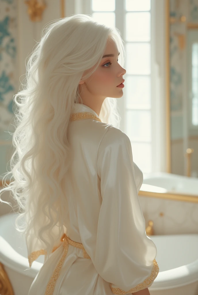  A 19-year-old European and Russian woman ,  with pure white hair like the snow that falls in waves, laegi ,  heavenly eyes ,  Pale and luminous skin . She wears a long shiny white silk robe with golden details and half open she is in a luxurious bathroom in front of a large mirror looking into a palace with windows where the sunlight shines brightly and she looks beautiful . 