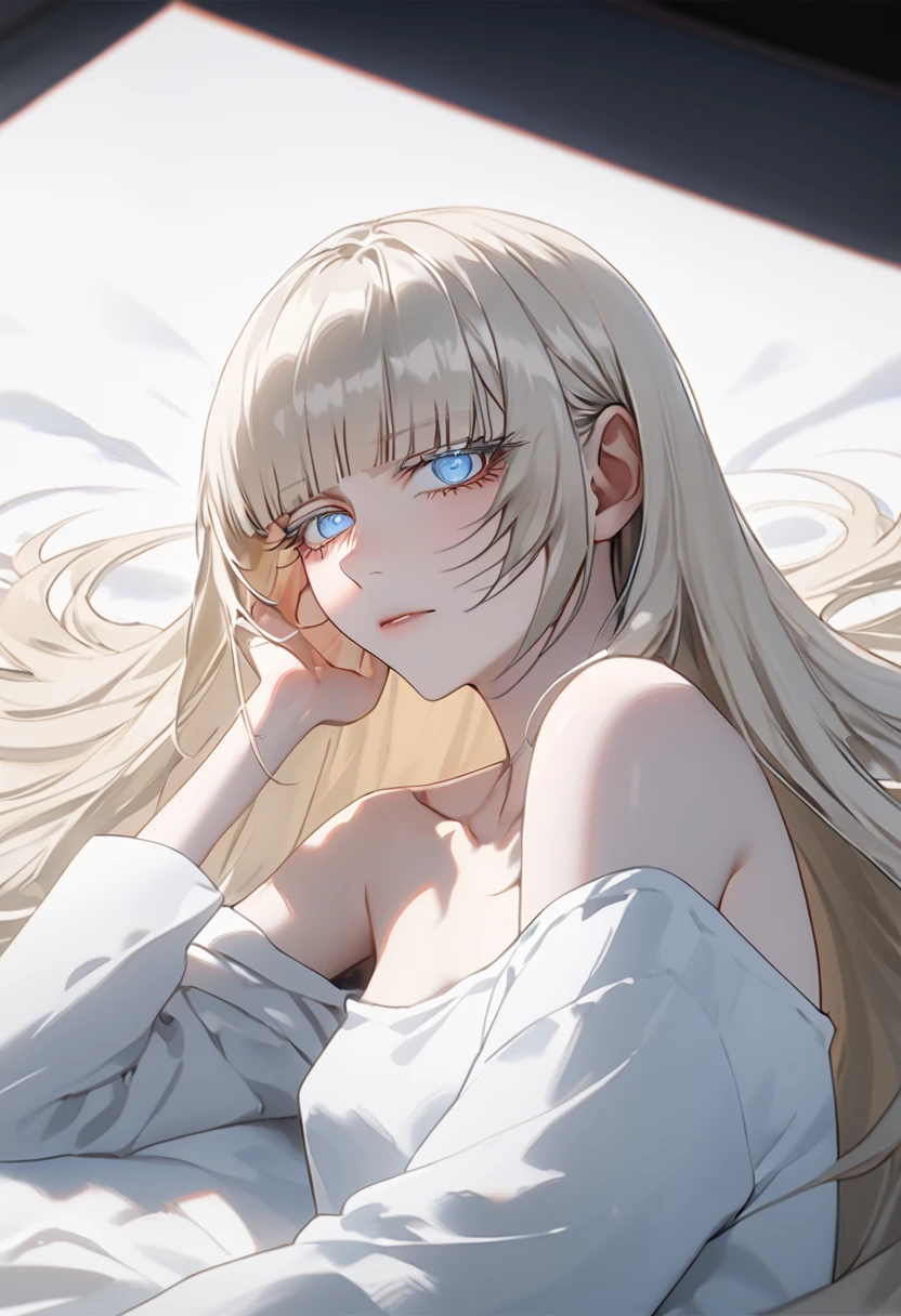 Anime style, 1 girl, 1 sexy girl, white pale skinned girl, porcelain skin, blue eyes, (HAIR: light blonde straight cut, long length, full bangs covering eyebrows, side framing fringe, extra long hair ) (BODY: flat chested, skinny, short )(best quality, 4k, 8k, highres, masterpiece:1.2), ultra-detailed, HDR, UHD, studio lighting, detailed eyes, ultra-fine painting, sharp focus, physically-based rendering, extreme detail description, professional, vivid colors, sleeping, in_an_opulent_bed, score_9, score_8_up, score_9_up, source_anime