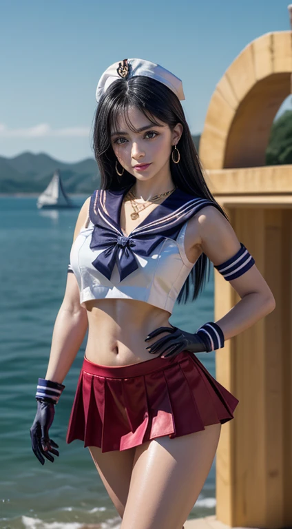 Ultramicroscopic photography,  high image quality,  Super Detailed CG Unity 8K Wallpaper ,   complex details,Accurate human body composition、 accurate muscle composition、 correct skeleton。Precision Skin、 (1 female), 18 years old,  amazingly straight purple black hair : 1.4, panties？？(sama1, hull , Sailor Warriors,  white gloves,  marine red color ,Cleavage、 belly button out、  red skirt , flashy active leg moving pose、 panties，(Sailor Warriors: 1.4)， Sailor Mars: 1.2,  Meshaunff ),  combined with fine gold details : 1.2,  beautiful long, shiny hair : 1.2, Sailor Warriors,  panties，(( The purple ribbon in the center of the chest is very large : 1.4,  gold headdress on the forehead : 1.5,  use red gloves on elbows : 1.1, bright crimson ， saturated :  bright crimson mini front : 1.3,  Crimson Red Color ,  Saturated Crimson Sailor Necklace,  long white latex gloves ， knee-length shiny enamel boots : 1.3,  There is a very large red ribbon on the back of the waist : 1.1, Red collar,  looks sexy and bold , Red Star Earrings)),  smiths
Extremely long hair ,  split bang ,(seductive smile,  very beautiful face ,  Face Details : 1.5, Glowing purple eyes, Beautiful face,  beautiful eyes, Shining Eyes,  thin lips: 1.3, Weight loss,  sharp, Thin eyebrows, Long, black eyelashes, Double Tab ),  fine gold jewelry ,  huge white wings , It&#39;s thin and muscular,  abs, Small face, ((Big Breasts),  Completate,  thin waist,