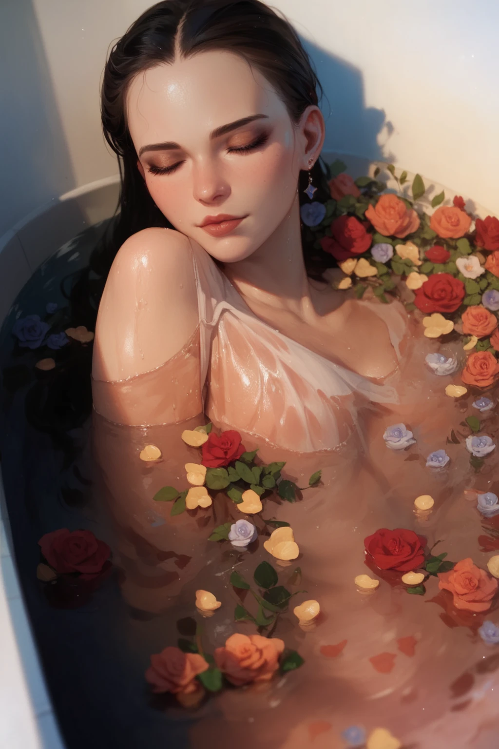 nsfw, ((1girl)), ((masterpiece)), realistic, ((highly detailed:1.3)), princess bathing in a marble tub, ((long brown hair with green eyes)), wet hair, nude, bathing, ivorygoldai, royal palace bathroom setting, steam, ornate marble tub, (rose petals floating in water:1.3), early morning light, windows, crepuscular lighting, dynamic pose, dynamic angle,