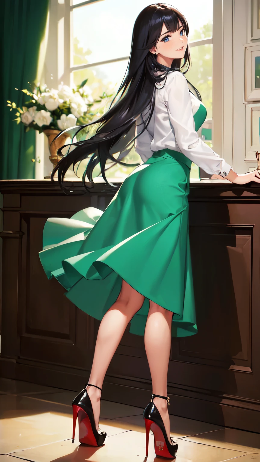 ((masterpiece, high resolution, better quality, better details)), ((Smiling)), ((one girl)) a girl sitting in the office, full body, maxi skirt, long skirt, ((long skirt without openings)),((louboutin high heels)), green eyes , ((black hair, long hair)), shiny skin, ((above view)), solo, from above, full body, focus full body, high heels, in office,