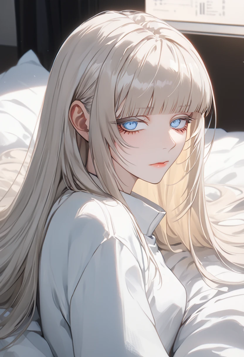 Anime style, 1 girl, 1 sexy girl, white pale skinned girl, porcelain skin, blue eyes, (HAIR: light blonde straight cut, long length, full bangs covering eyebrows, side framing fringe, extra long hair ) (BODY: flat chested, skinny, short )(best quality, 4k, 8k, highres, masterpiece:1.2), ultra-detailed, HDR, UHD, studio lighting, detailed eyes, ultra-fine painting, sharp focus, physically-based rendering, extreme detail description, professional, vivid colors, sleeping, in_an_opulent_bed, score_9, score_8_up, score_9_up, source_anime