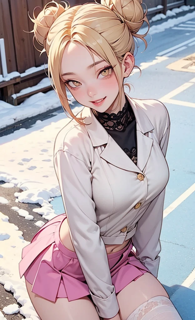 masterpiece, top quality, best quality, 1girl, (above angle), petite, erotic,toga, (crazed eyes), (erotic eyes), (lustful eyes), (stimulated), (aheago), rolling_eyes, cross-eyed, please combine toga himiko and zero two together toga_himiko, 1girl, blonde_hair, hair_bun, twin_buns, double_bun, yellow_eyes, wearing heavy pink blush, smile, open_mouth, in a snowy background, salty ears Thigh high  muscle_abs curvy open legs lace panties micro skirt 