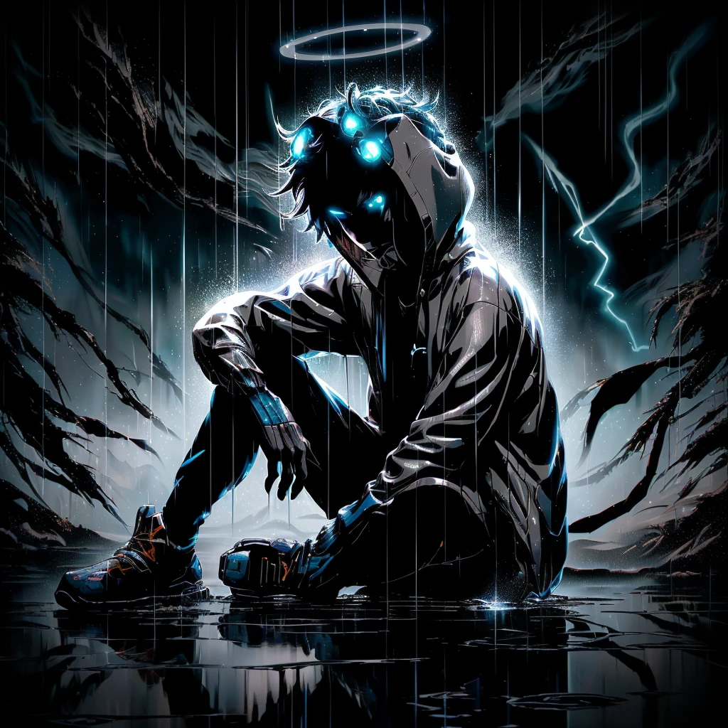 anime character sitting in the rain with a halo on his head, in the style dan mumford artwork, cyril rolando and goro fujita, ( ( ( ( ( dan mumford ) ) ) ) ), in the art style of dan mumford, by Cyril Rolando, by Dan Mumford, inspired by Cyril Rolando, in style of cyril rolando,realistic