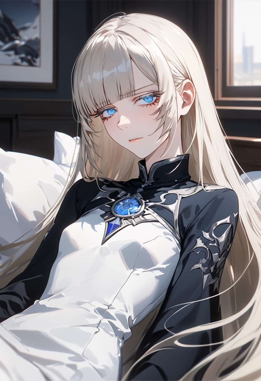 Anime style, 1 girl, 1 sexy girl, white pale skinned girl, porcelain skin, blue eyes, (HAIR: light blonde straight cut, long length, full bangs covering eyebrows, side framing fringe, extra long hair ) (BODY: flat chested, skinny, short )(best quality, 4k, 8k, highres, masterpiece:1.2), ultra-detailed, HDR, UHD, studio lighting, detailed eyes, ultra-fine painting, sharp focus, physically-based rendering, extreme detail description, professional, vivid colors, sleeping, in_an_opulent_bed, sleepy, score_9, score_8_up, score_9_up, source_anime