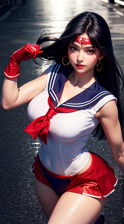 A beautiful young woman,Has long brown hair,Wearing a ponytail, Green Eyes, Height 170cm, Sailor Mars. Under the Moon, red Ribbon, You can see the scenery from a high place, Height 172, you have a beautiful figure., I also like to exercise, pulling down bra showing breasts and nipples, white and red sailor skirt