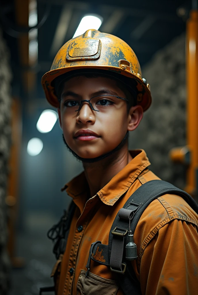A boy with glasses, cabelo liso castanho, with orange work uniform written "QVendas" on a plot of land