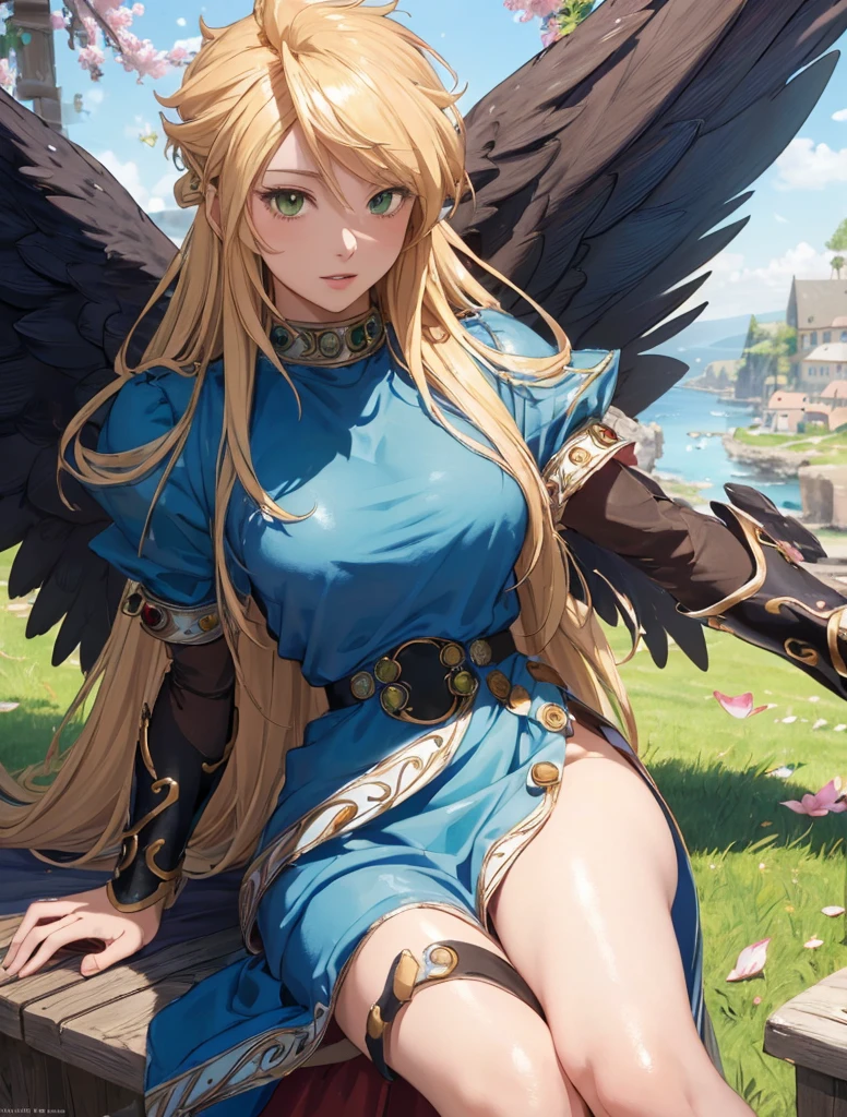 masterpiece, best quality, realistic lighting, 1girl, solo, Nima, (gold long hair), (black big feathered wings:1.3), (blue dress:1.3), sharp eyes, (vivid color), fantasy medieval coastal village, (depth of field:0.7), Dreamlike, (highres:1.2), (ultra-detailed:1.2), (extremely detailed CG unity 8k wallpaper:1.2), (traditional media), (sketch:1.1), finely detailed beautiful green eyes and detailed face, blonde hair, (flying petals:1.2), colorful, sitting legs crossed pose, breath of fire 2, Nina, medium breasts, pale skin, (detailed eyes), cute, beauty, HDR, 4K, nier anime style, harmony, Nina, perfect anatomy, feminine hands, perfect legs